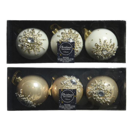 Σετ6 Γυάλινες Μπάλες Χριστουγεννιάτικες Diamond Pearl Χρυσό & Κρεμ 8cm